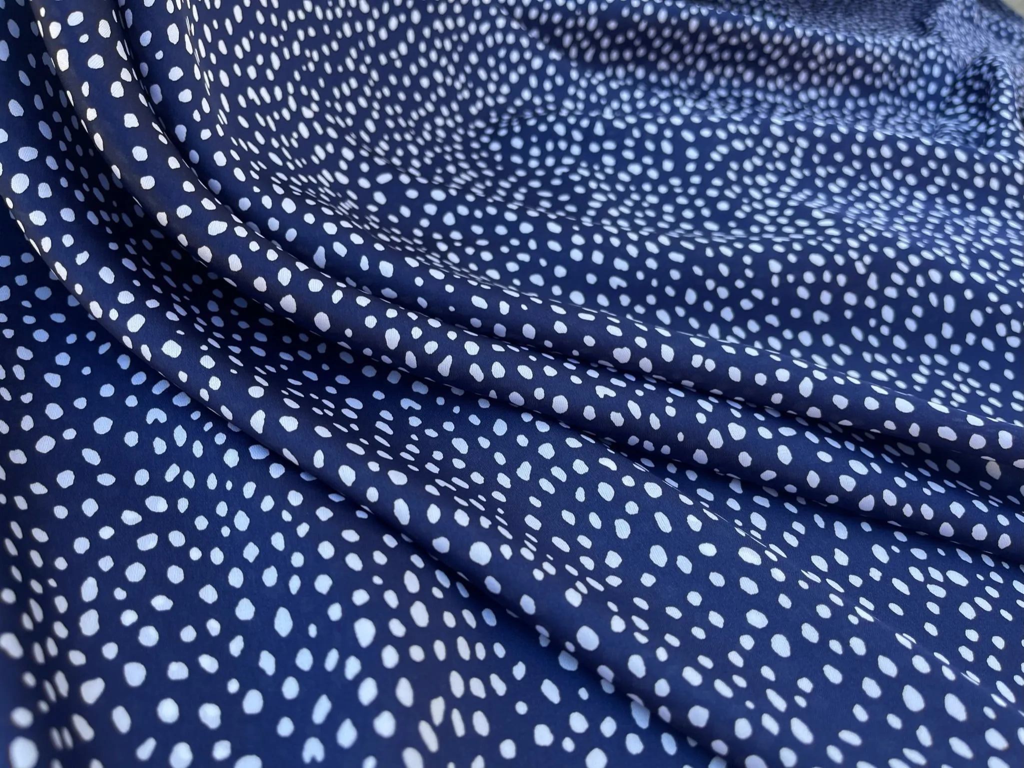 Lightweight satin fabric by the yard - Blue white dots