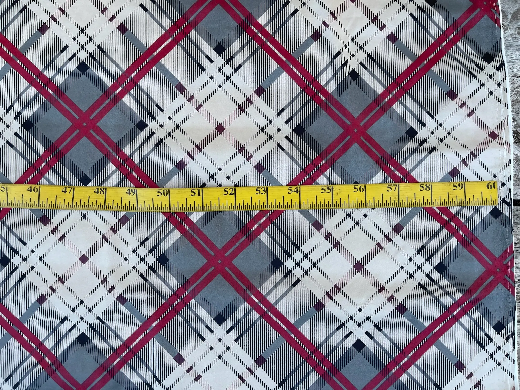 Lightweight stretch satin fabric by the yard -  gray red white plaid print