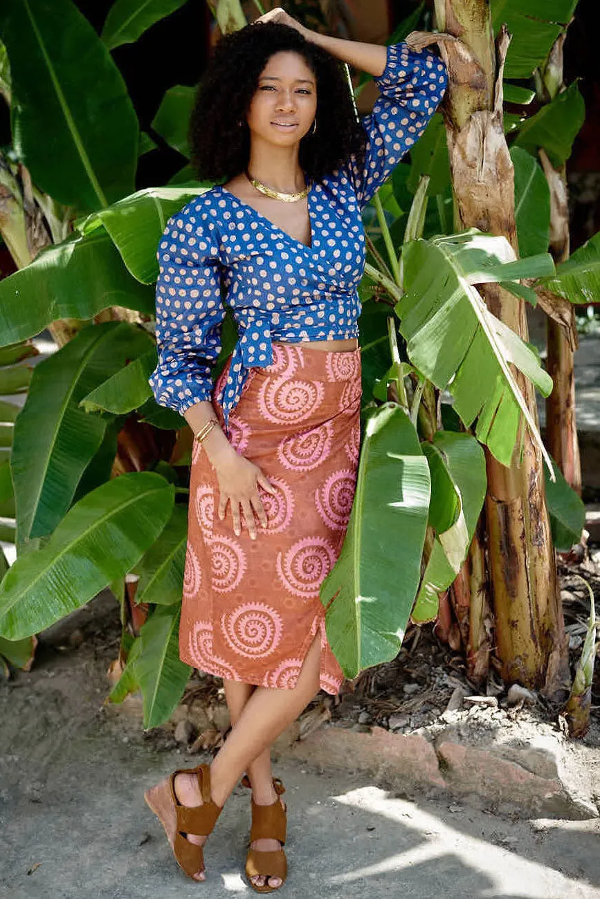 Long Sleeve Wrap Top - Polka Blue