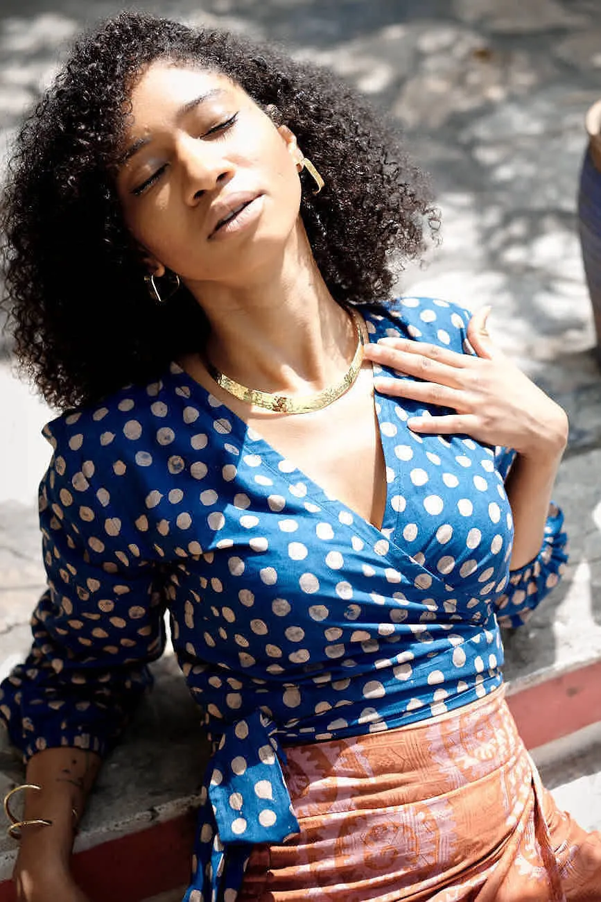 Long Sleeve Wrap Top - Polka Blue