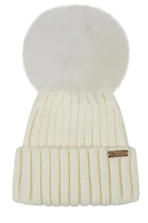 Luxe ribbed pompom beanie in Ivory