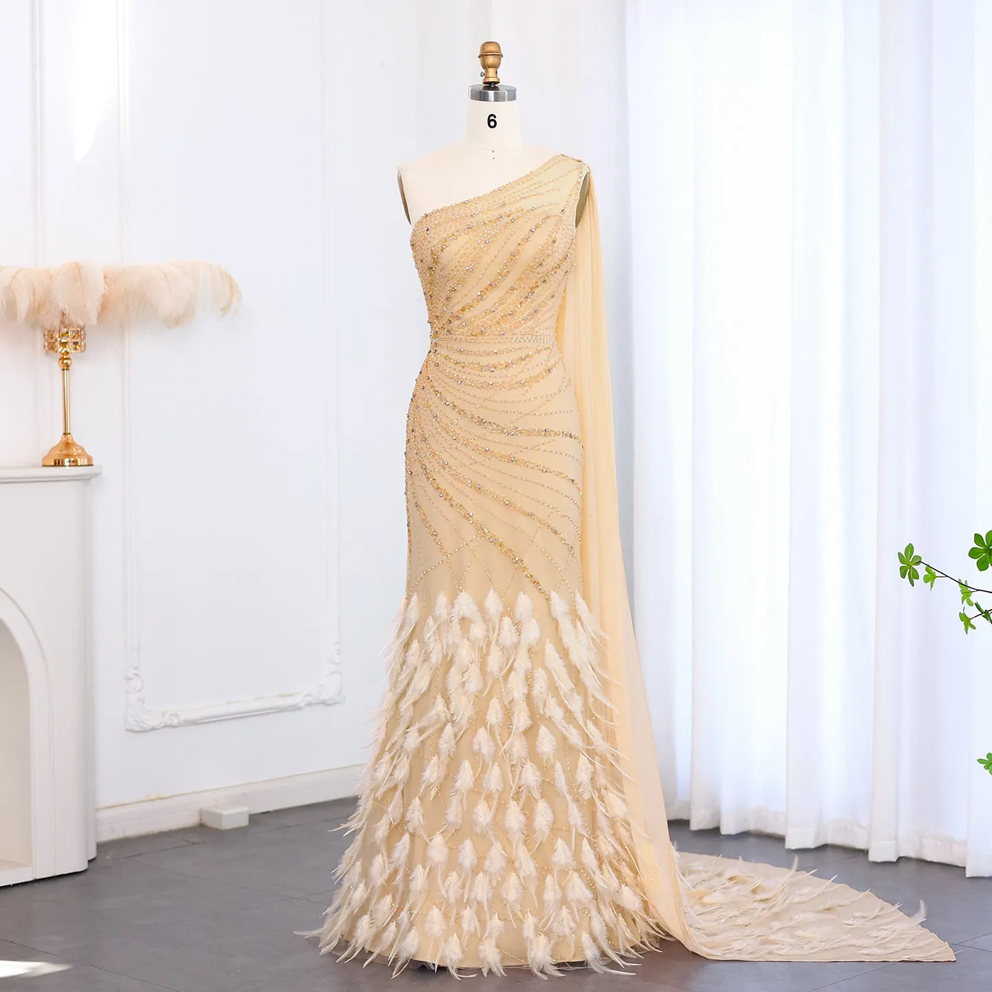 Luxury Feather Turquoise One Shoulder Evening Dress SS498