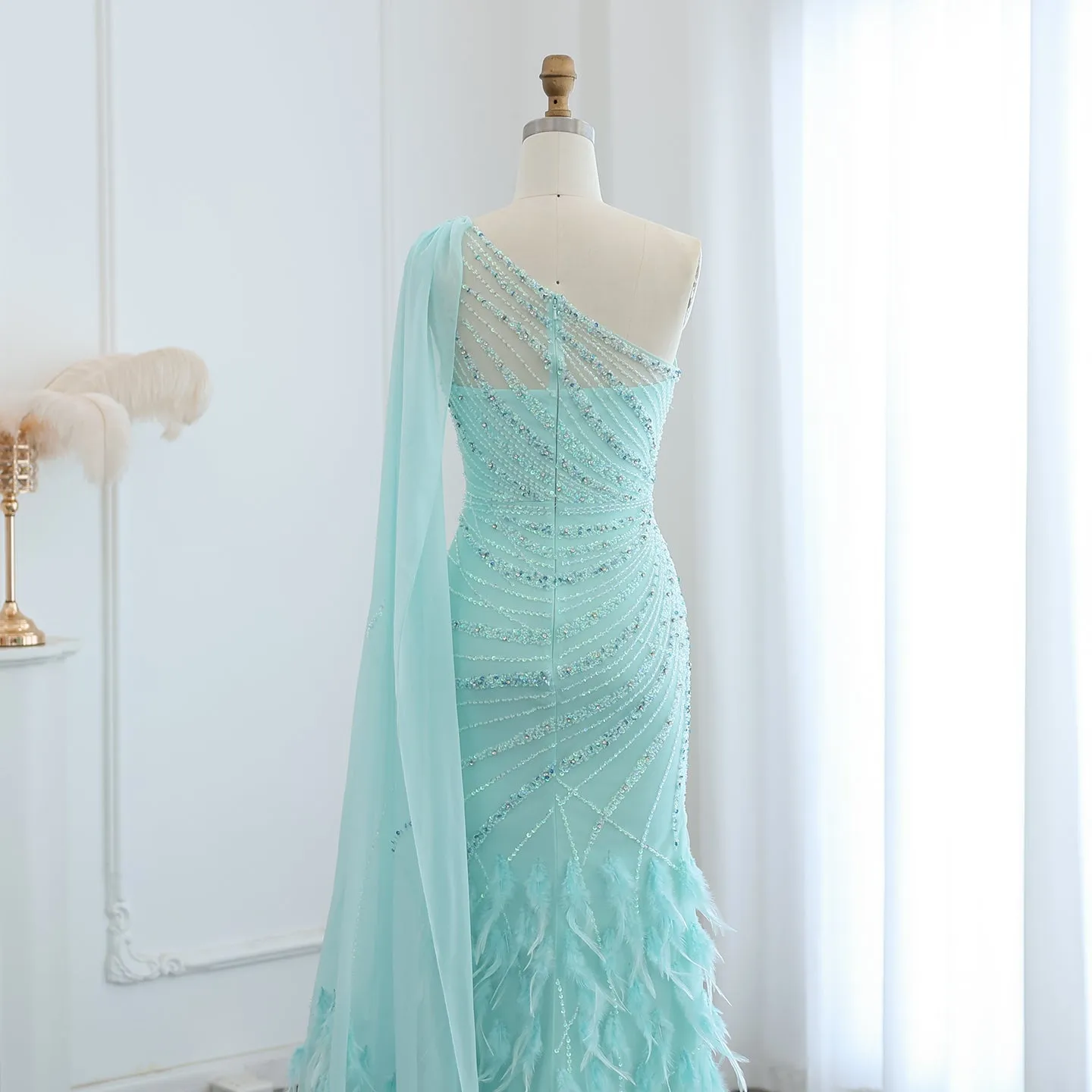 Luxury Feather Turquoise One Shoulder Evening Dress SS498