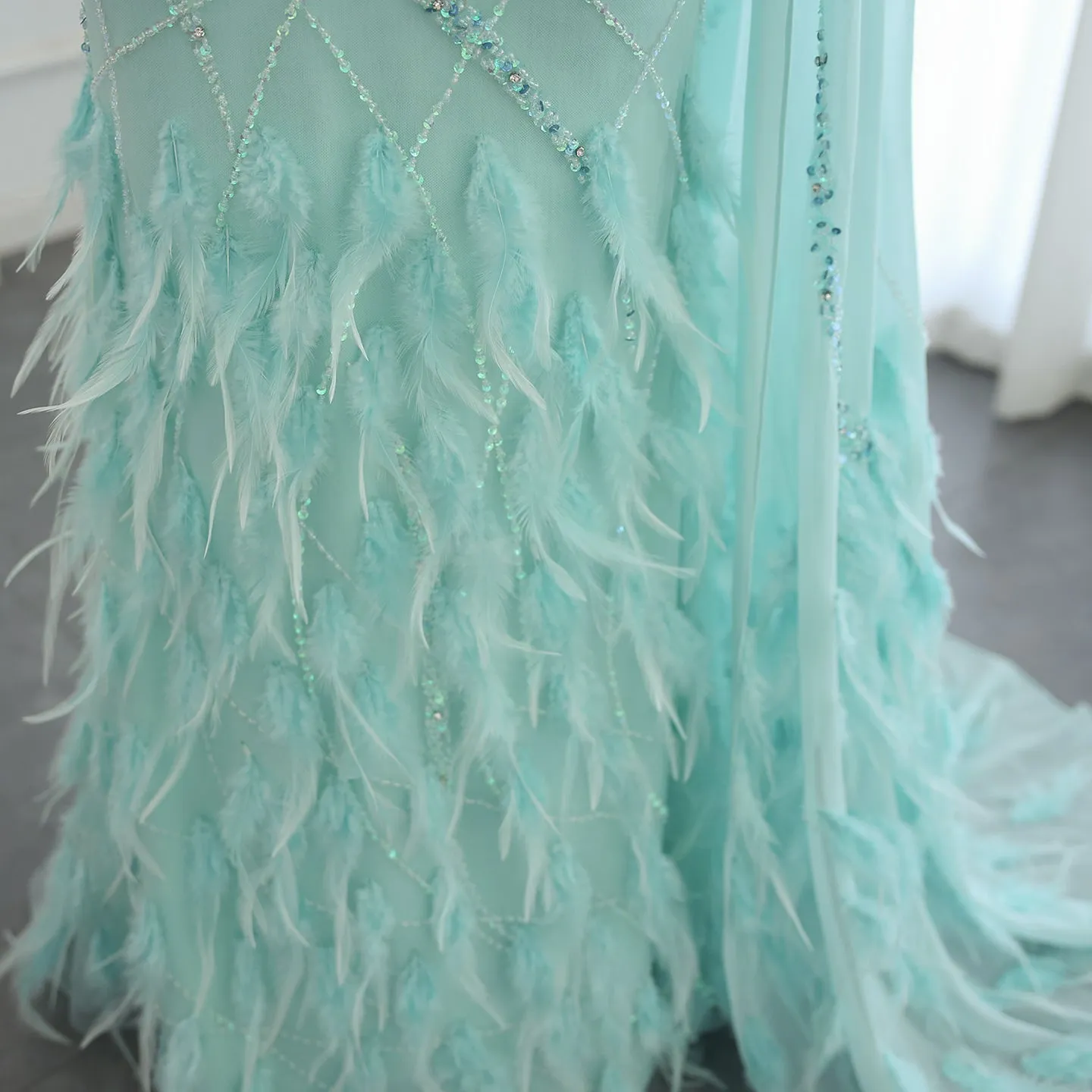 Luxury Feather Turquoise One Shoulder Evening Dress SS498