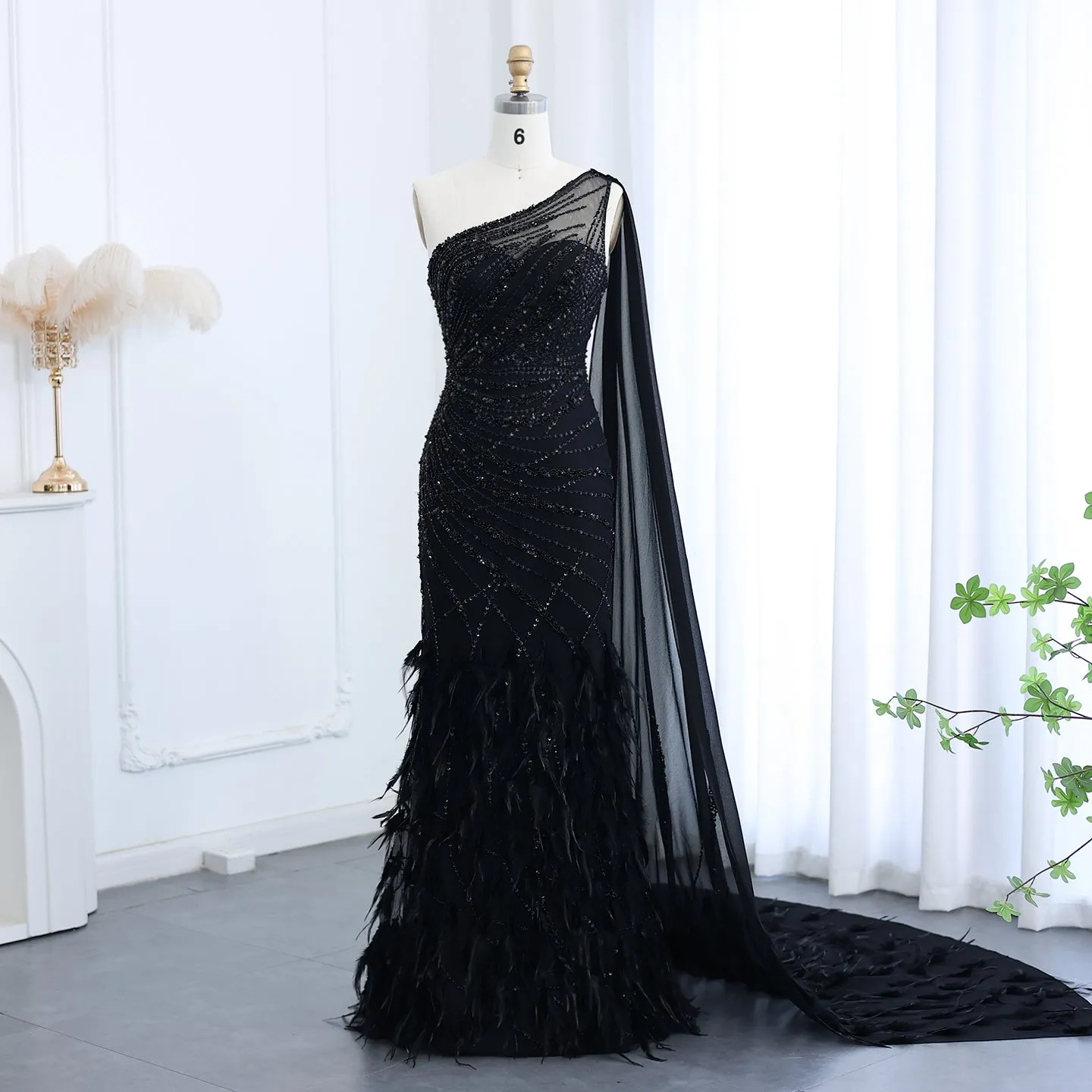 Luxury Feather Turquoise One Shoulder Evening Dress SS498