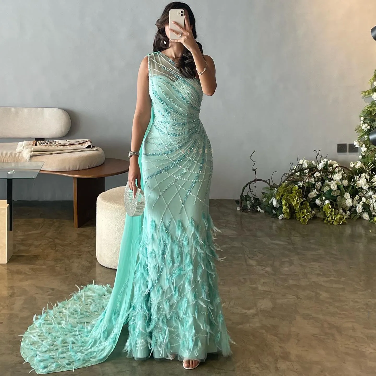 Luxury Feather Turquoise One Shoulder Evening Dress SS498