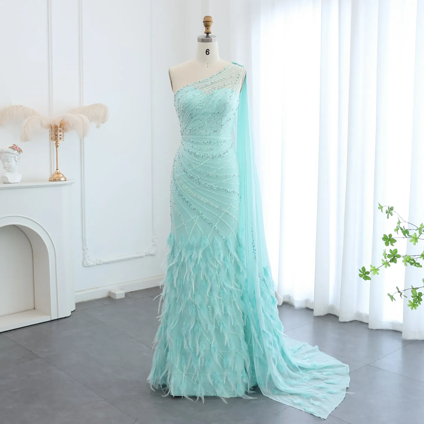 Luxury Feather Turquoise One Shoulder Evening Dress SS498