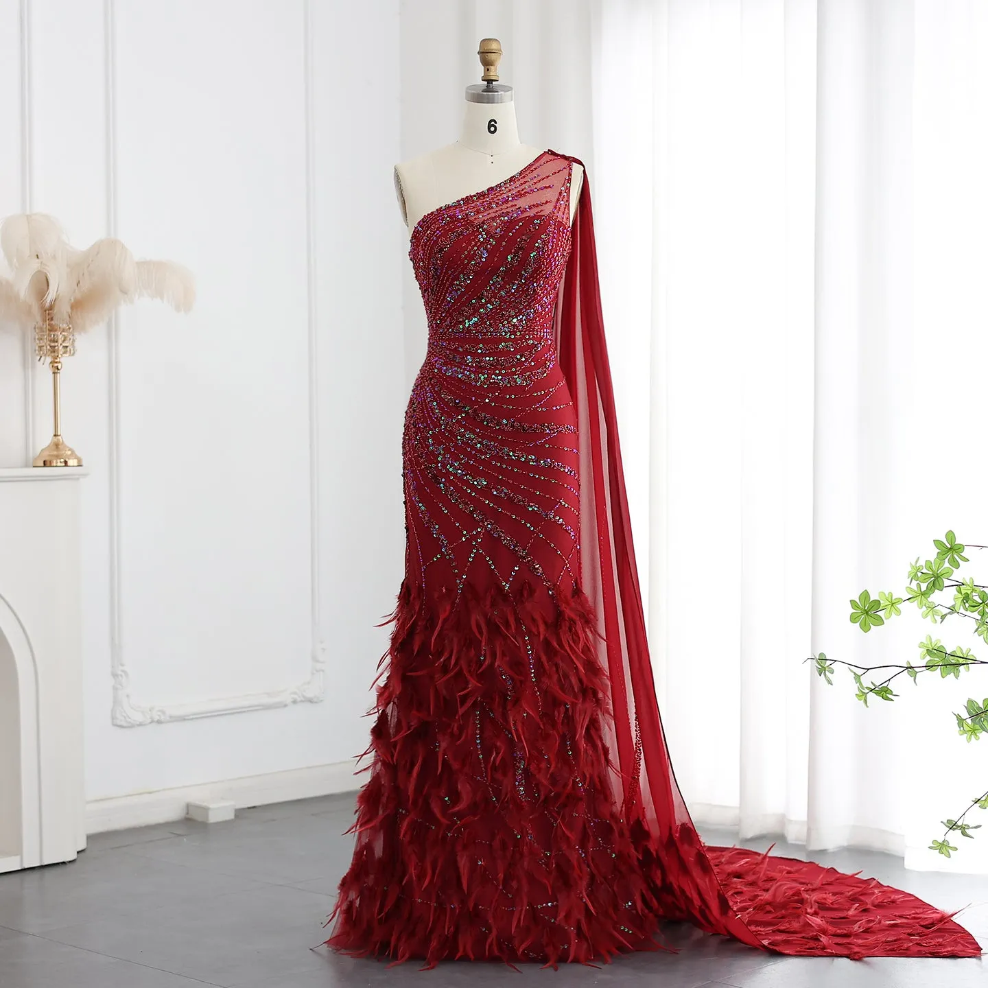 Luxury Feather Turquoise One Shoulder Evening Dress SS498