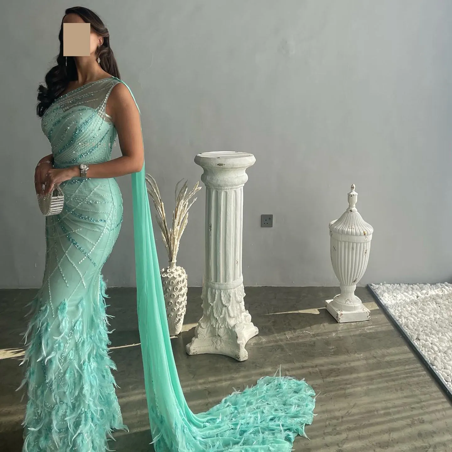 Luxury Feather Turquoise One Shoulder Evening Dress SS498