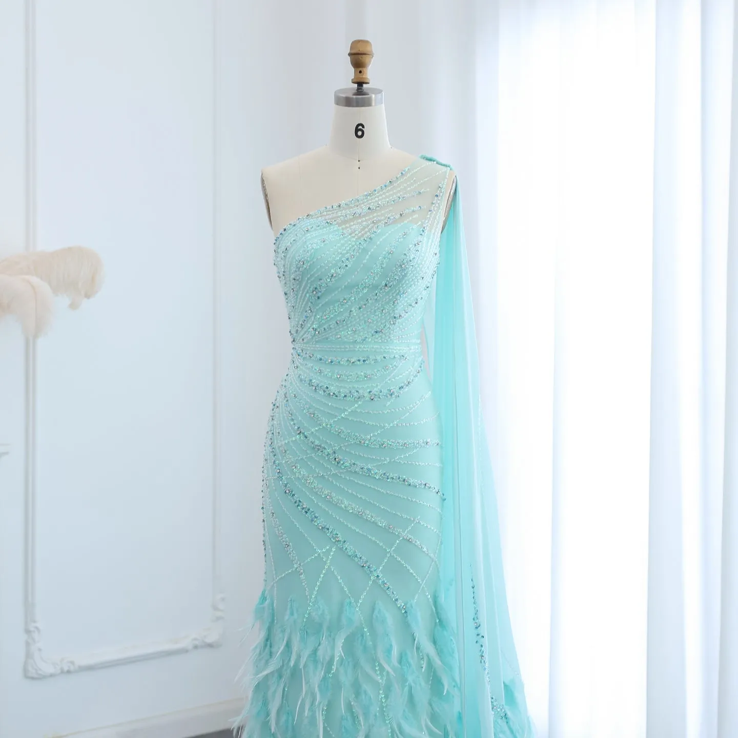 Luxury Feather Turquoise One Shoulder Evening Dress SS498