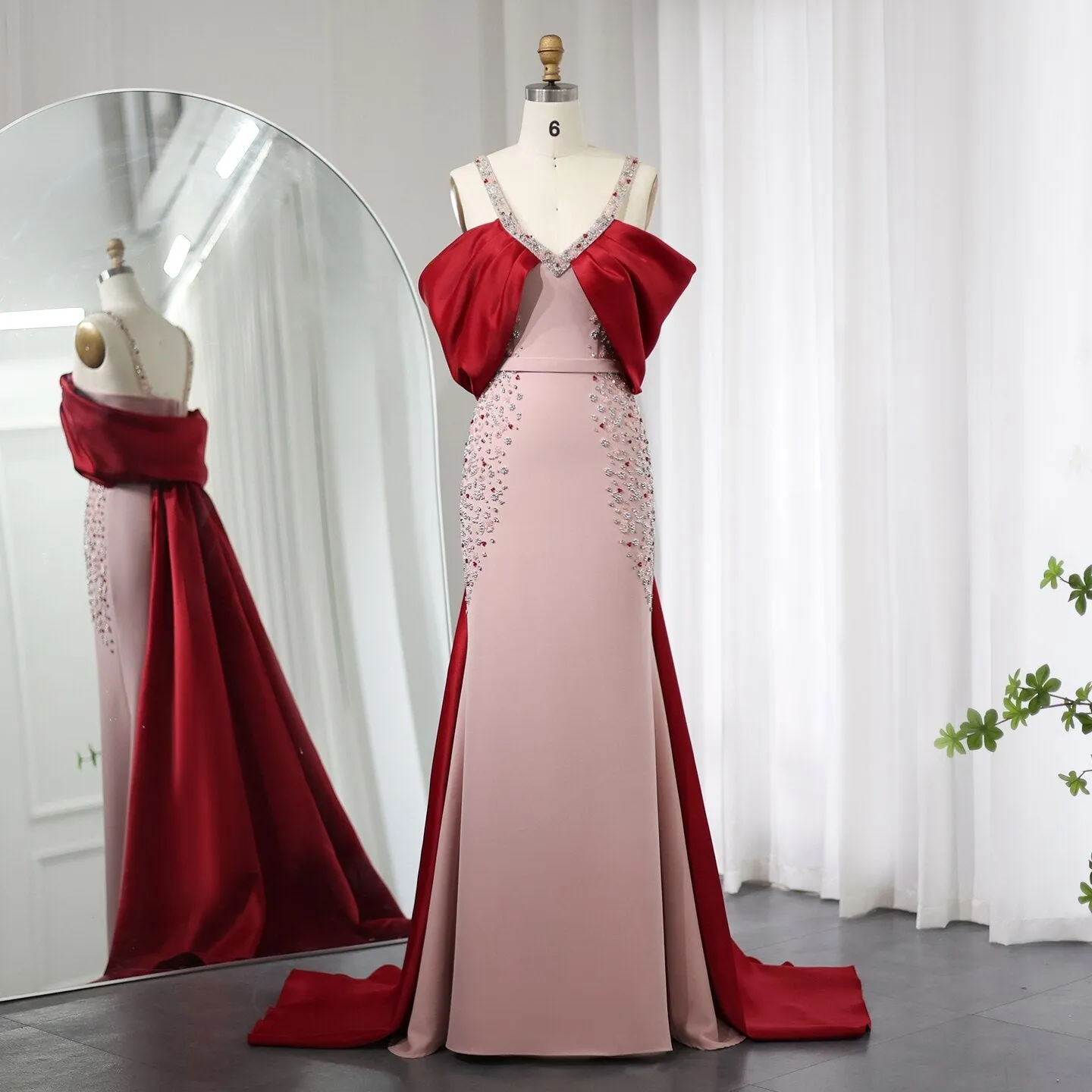 Luxury Pink Mermaid Evening Dress with Burgundy Cape SS446