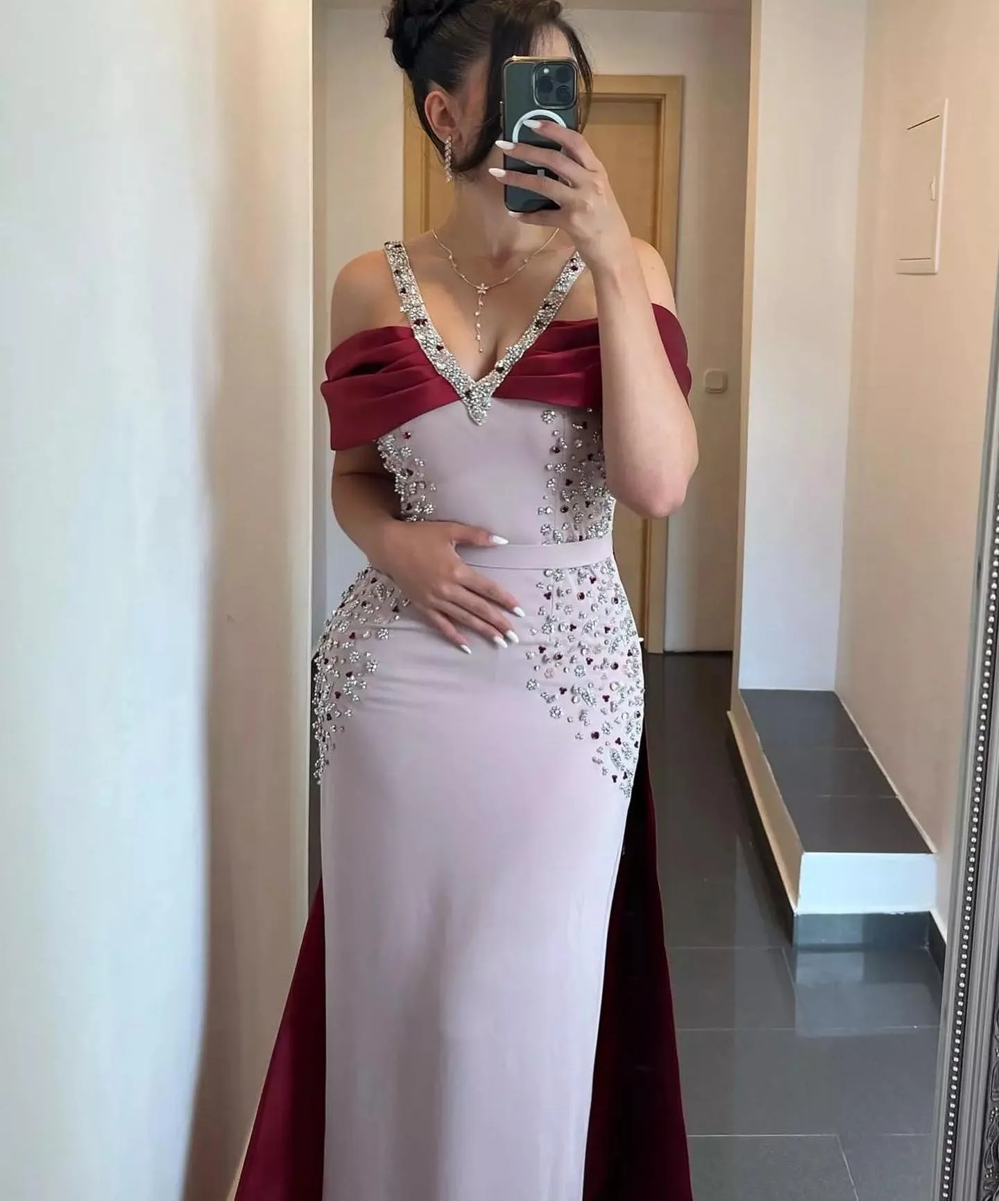 Luxury Pink Mermaid Evening Dress with Burgundy Cape SS446