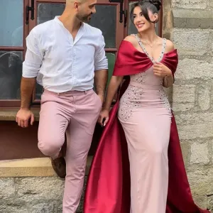 Luxury Pink Mermaid Evening Dress with Burgundy Cape SS446