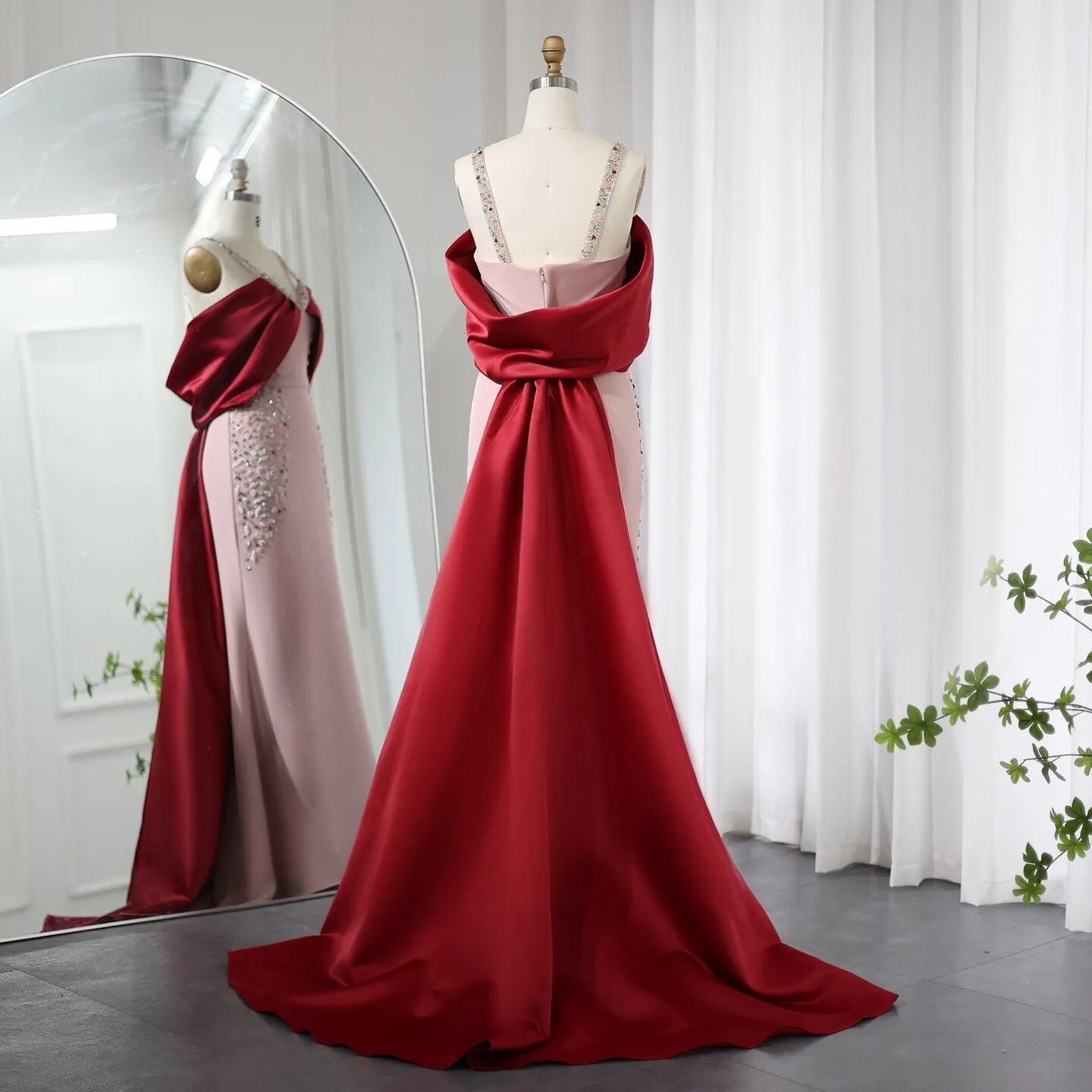 Luxury Pink Mermaid Evening Dress with Burgundy Cape SS446