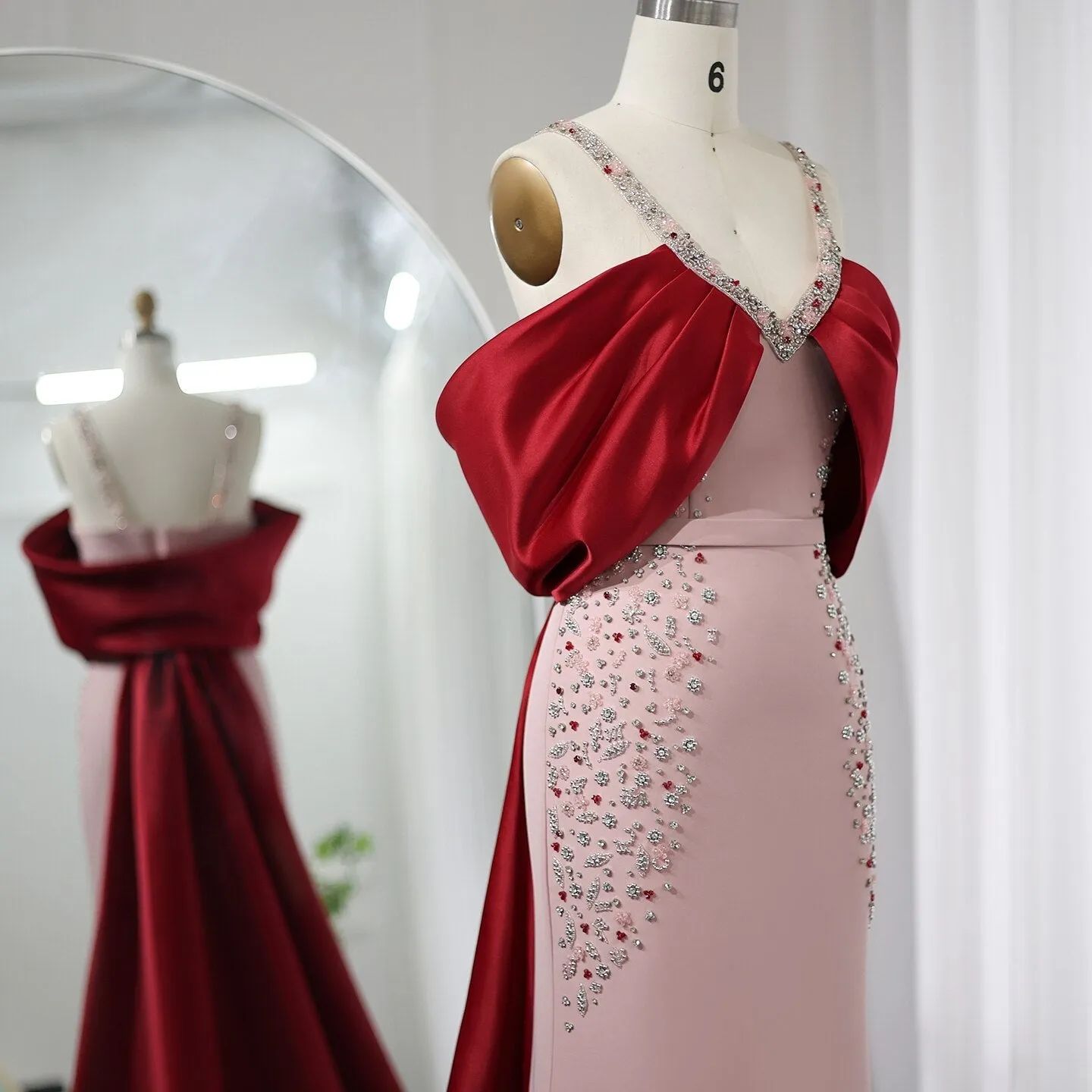 Luxury Pink Mermaid Evening Dress with Burgundy Cape SS446