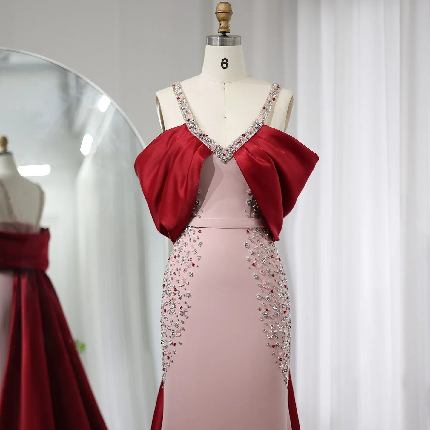 Luxury Pink Mermaid Evening Dress with Burgundy Cape SS446