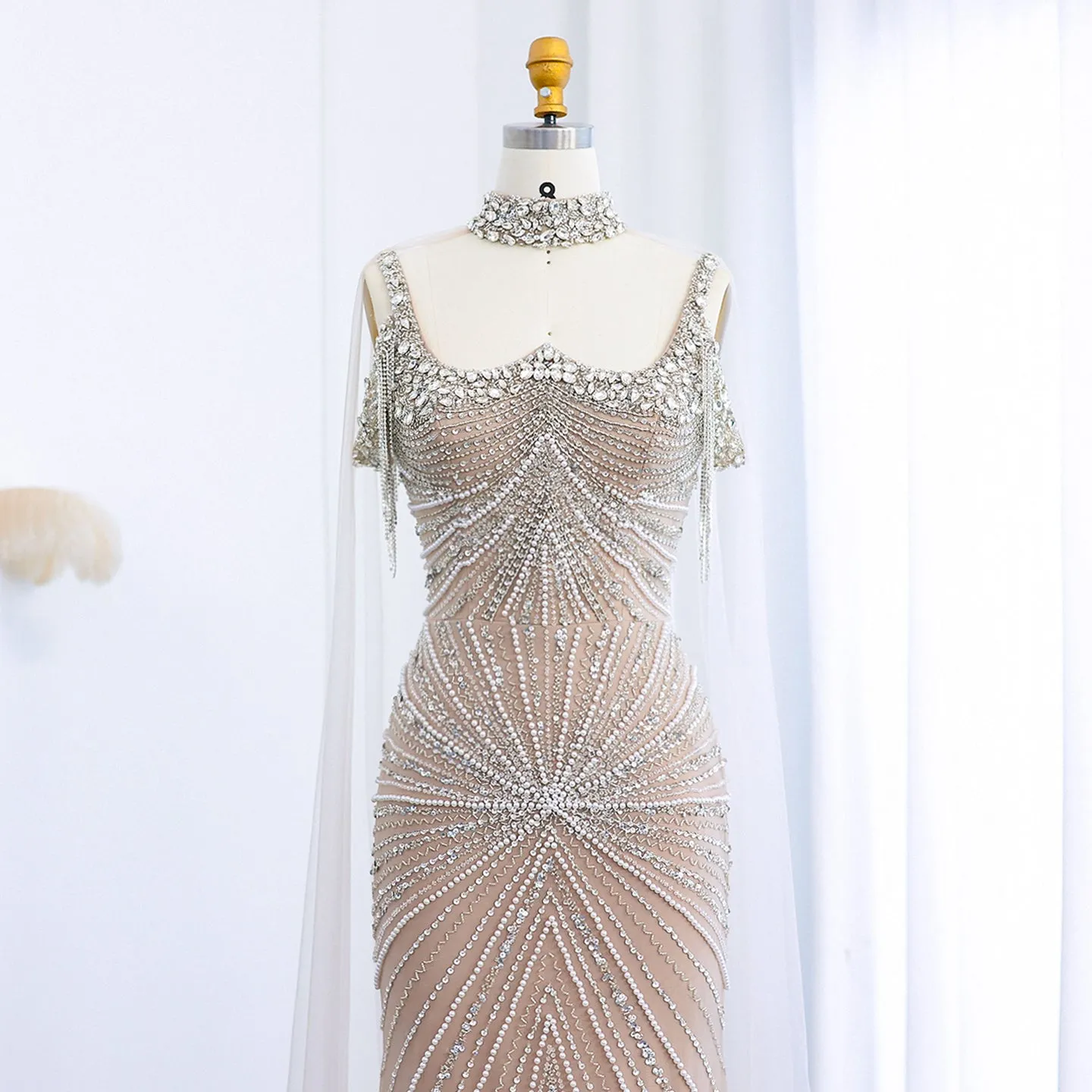 Luxury Tassel Silver Nude Evening Dress with Cape Chocker SS158