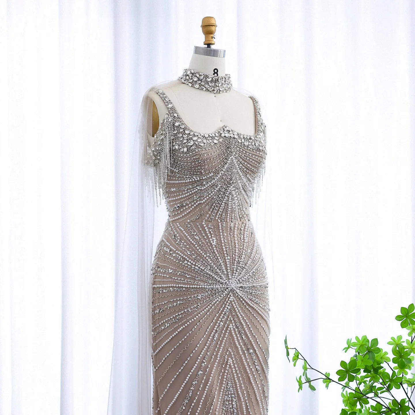 Luxury Tassel Silver Nude Evening Dress with Cape Chocker SS158