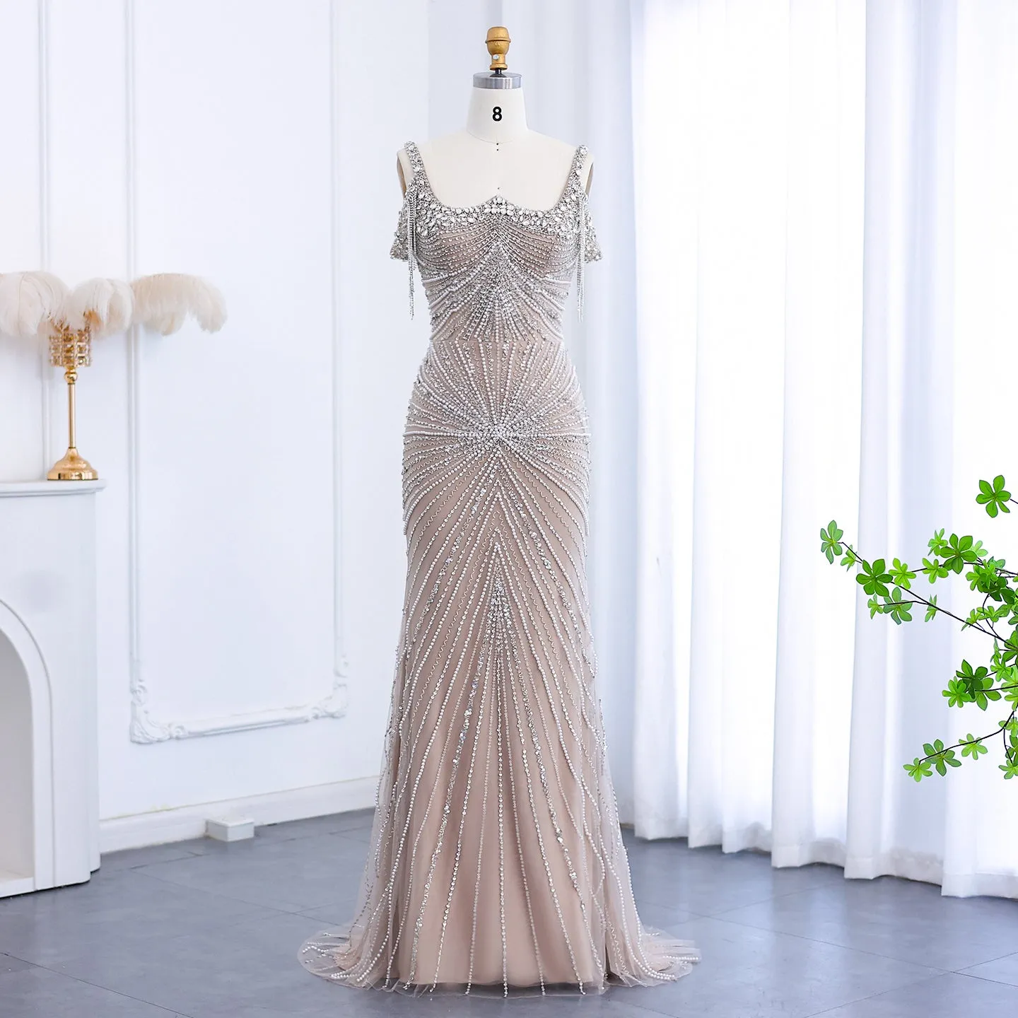 Luxury Tassel Silver Nude Evening Dress with Cape Chocker SS158