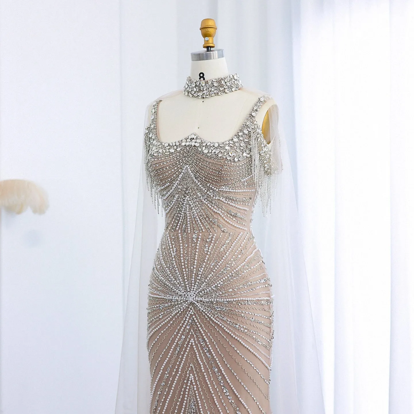 Luxury Tassel Silver Nude Evening Dress with Cape Chocker SS158