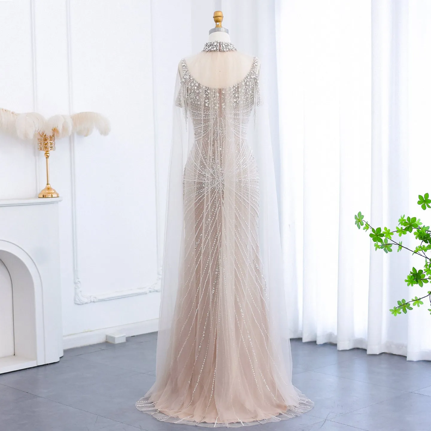 Luxury Tassel Silver Nude Evening Dress with Cape Chocker SS158