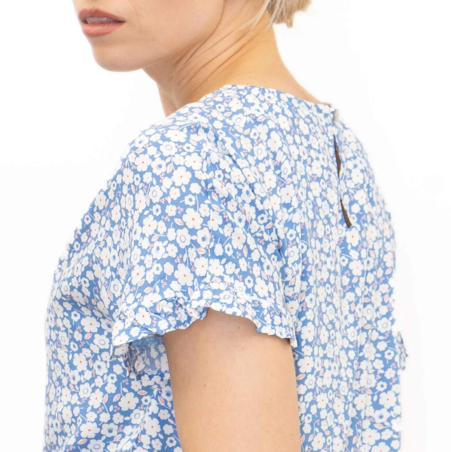 M&S Blue Floral Print Lightweight Blouse Frill Short Sleeve Round Neckline Tops