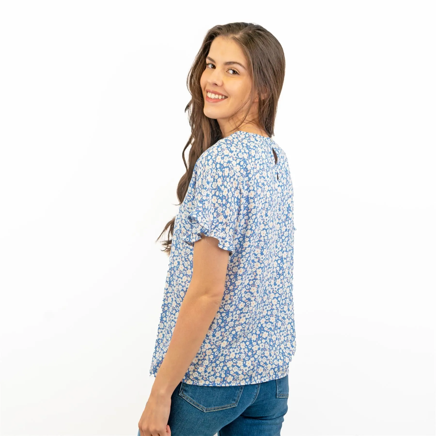 M&S Blue Floral Print Lightweight Blouse Frill Short Sleeve Round Neckline Tops