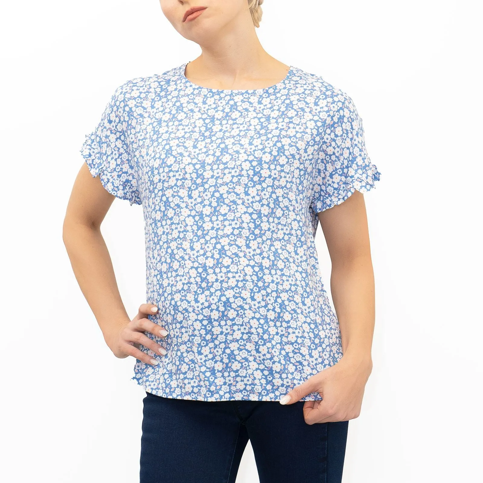 M&S Blue Floral Print Lightweight Blouse Frill Short Sleeve Round Neckline Tops