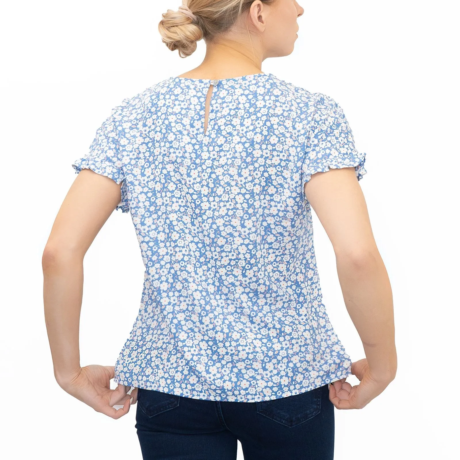 M&S Blue Floral Print Lightweight Blouse Frill Short Sleeve Round Neckline Tops