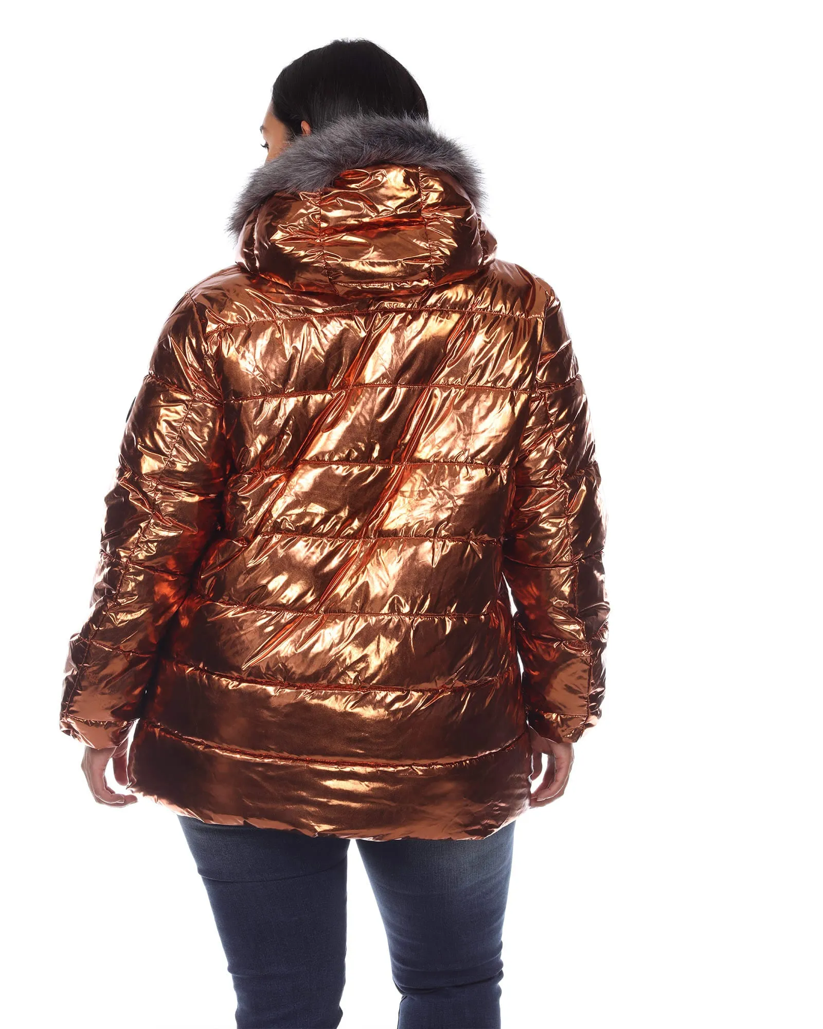Metallic Puffer Coat with Hoodie | Bronze