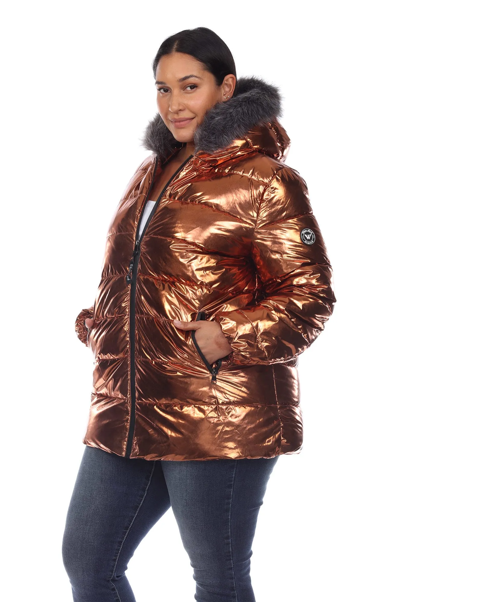 Metallic Puffer Coat with Hoodie | Bronze