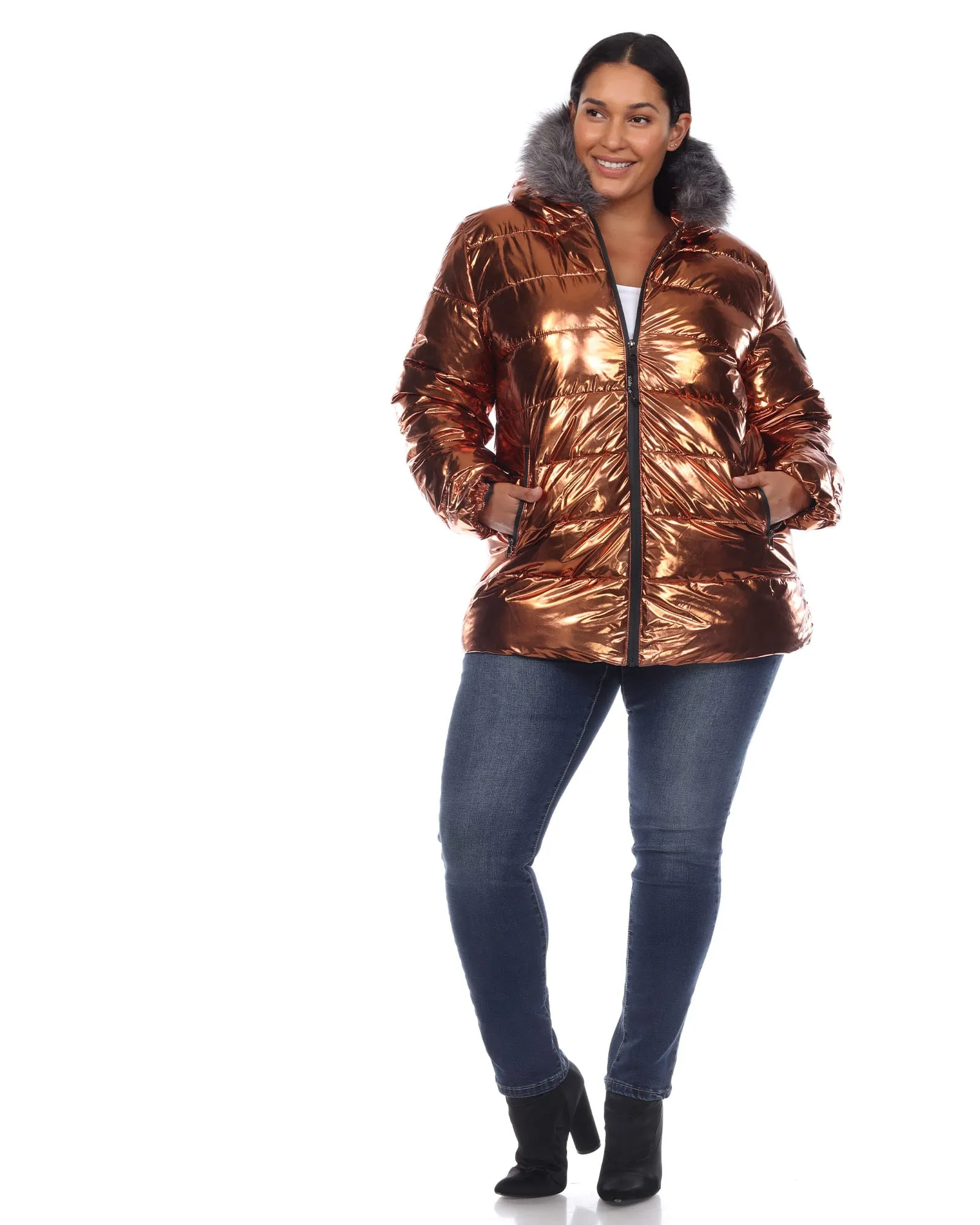 Metallic Puffer Coat with Hoodie | Bronze