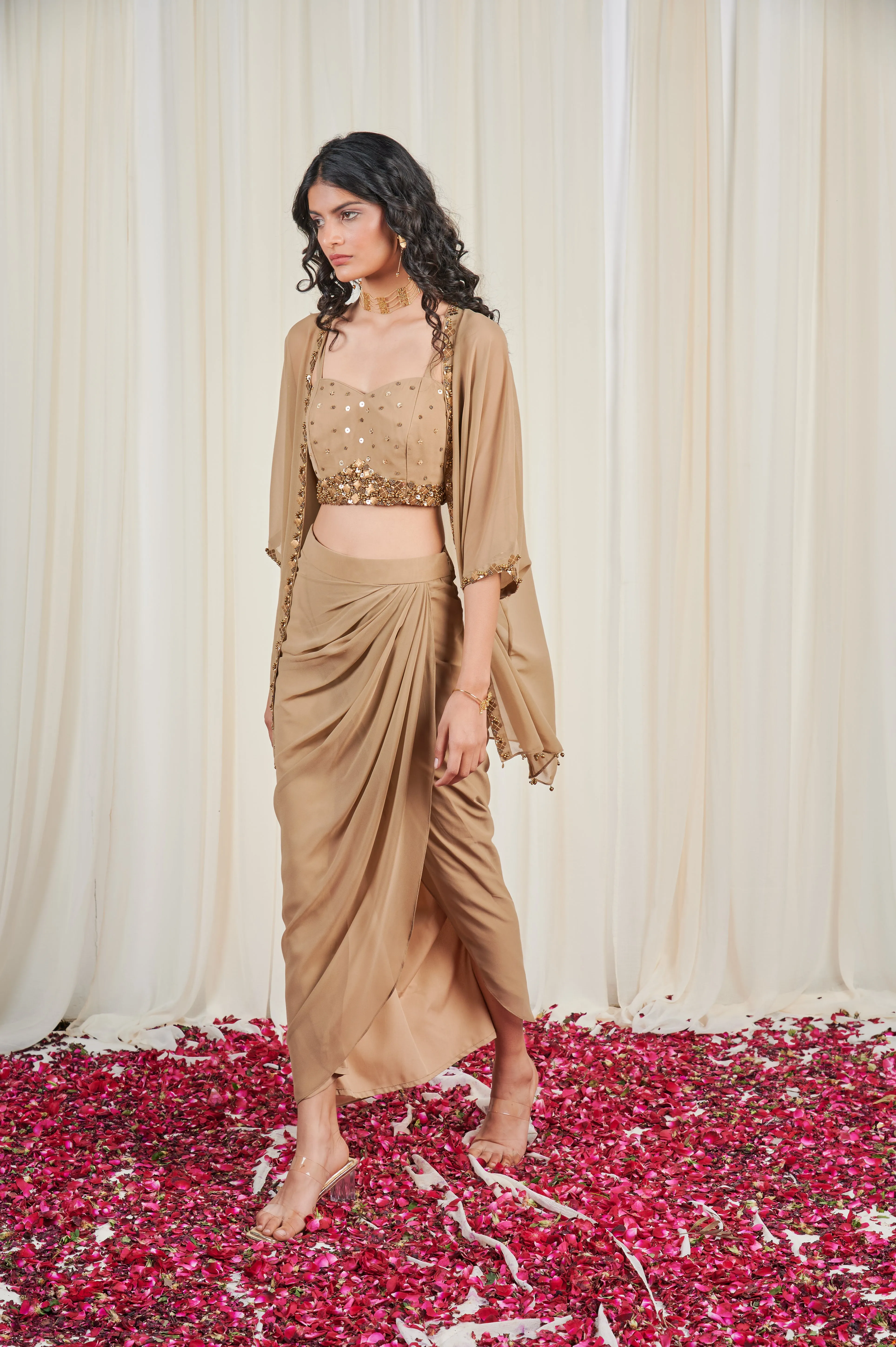 Mukuta set Beige Georgette Embroidered Blouse and Skirt Set with Cape
