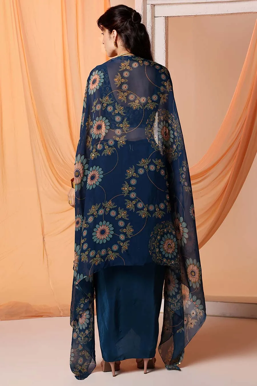 Navy Blue Eraya Embellished Drape Skirt Set With Cape