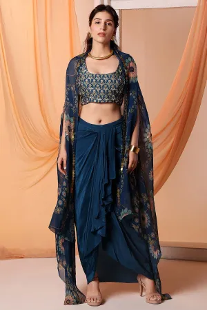 Navy Blue Eraya Embellished Drape Skirt Set With Cape