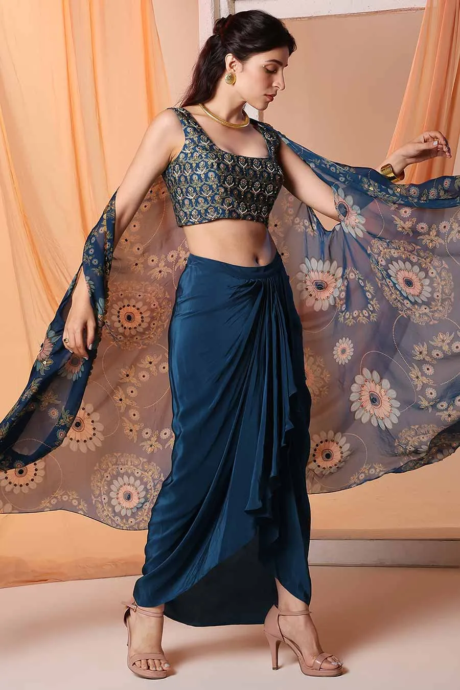 Navy Blue Eraya Embellished Drape Skirt Set With Cape