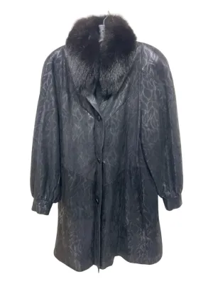 No Brand Size L Black Leather Fox Fur Trim Button Up Coated Abstract Coat