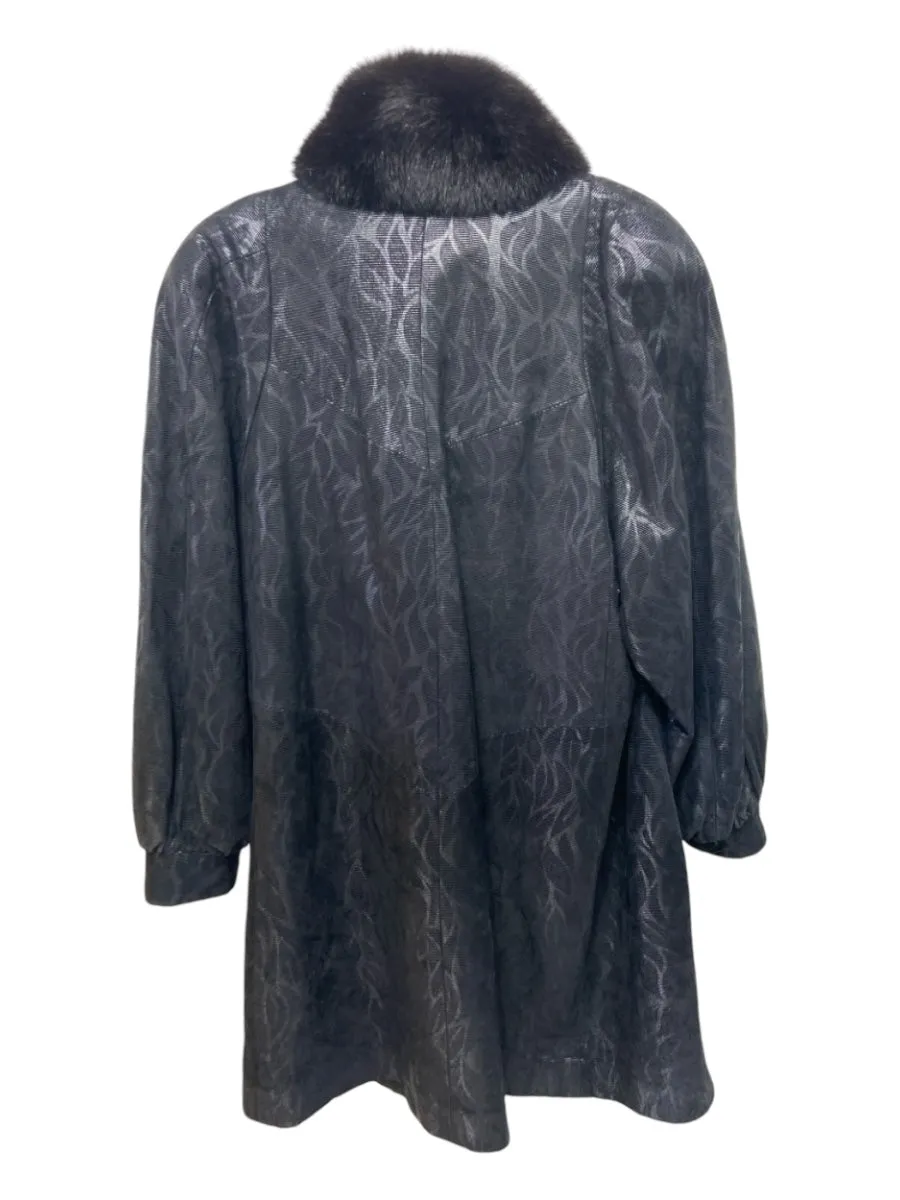 No Brand Size L Black Leather Fox Fur Trim Button Up Coated Abstract Coat