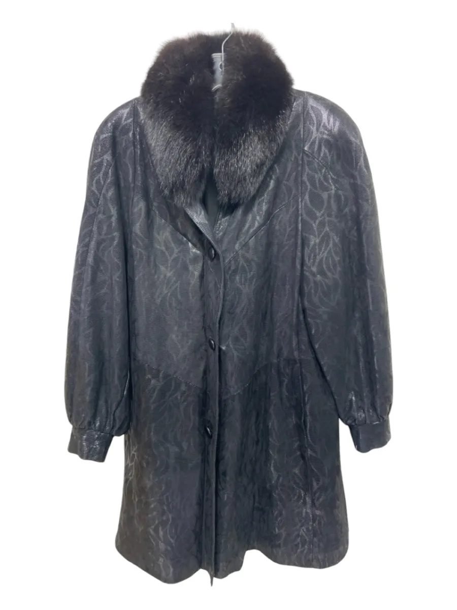 No Brand Size L Black Leather Fox Fur Trim Button Up Coated Abstract Coat