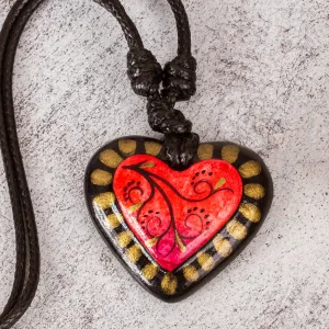 Papier Mache Adjustable Red Heart Golden Trim Necklace - Gold Kissed Heart | NOVICA