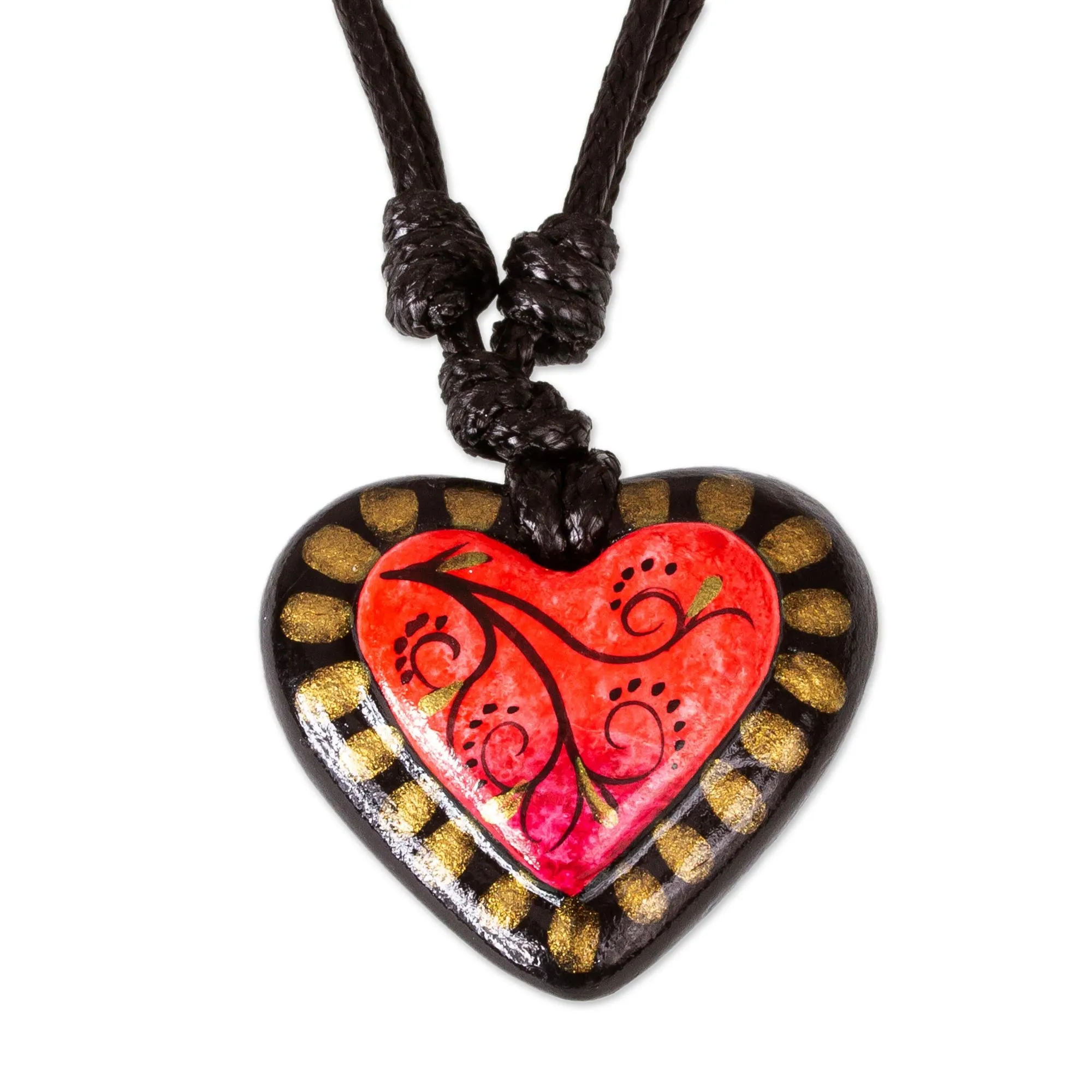 Papier Mache Adjustable Red Heart Golden Trim Necklace - Gold Kissed Heart | NOVICA