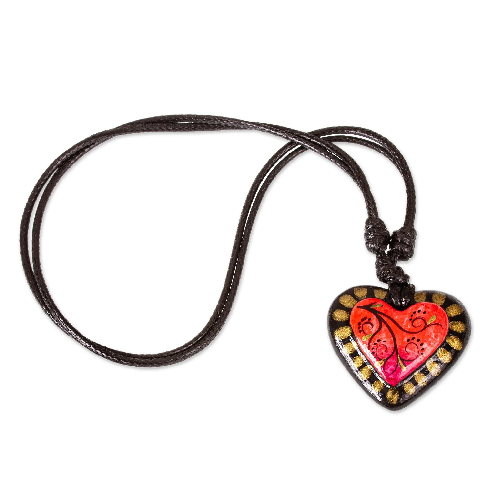Papier Mache Adjustable Red Heart Golden Trim Necklace - Gold Kissed Heart | NOVICA