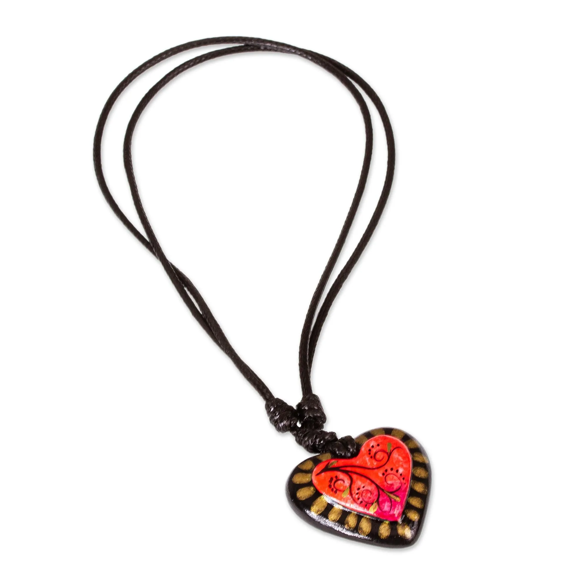Papier Mache Adjustable Red Heart Golden Trim Necklace - Gold Kissed Heart | NOVICA