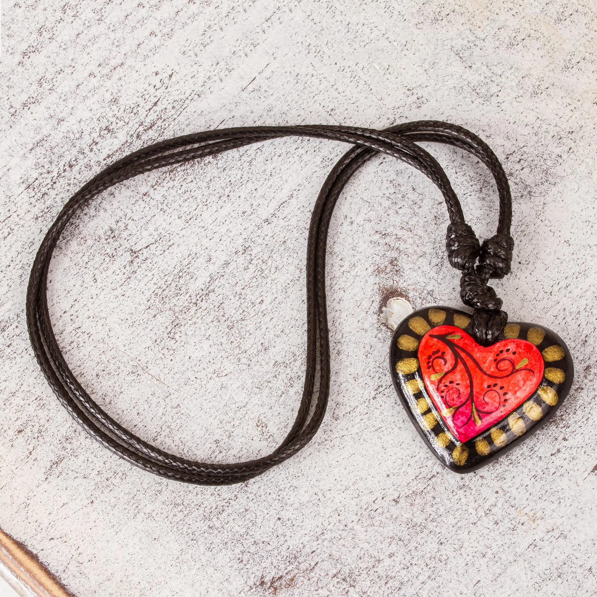 Papier Mache Adjustable Red Heart Golden Trim Necklace - Gold Kissed Heart | NOVICA