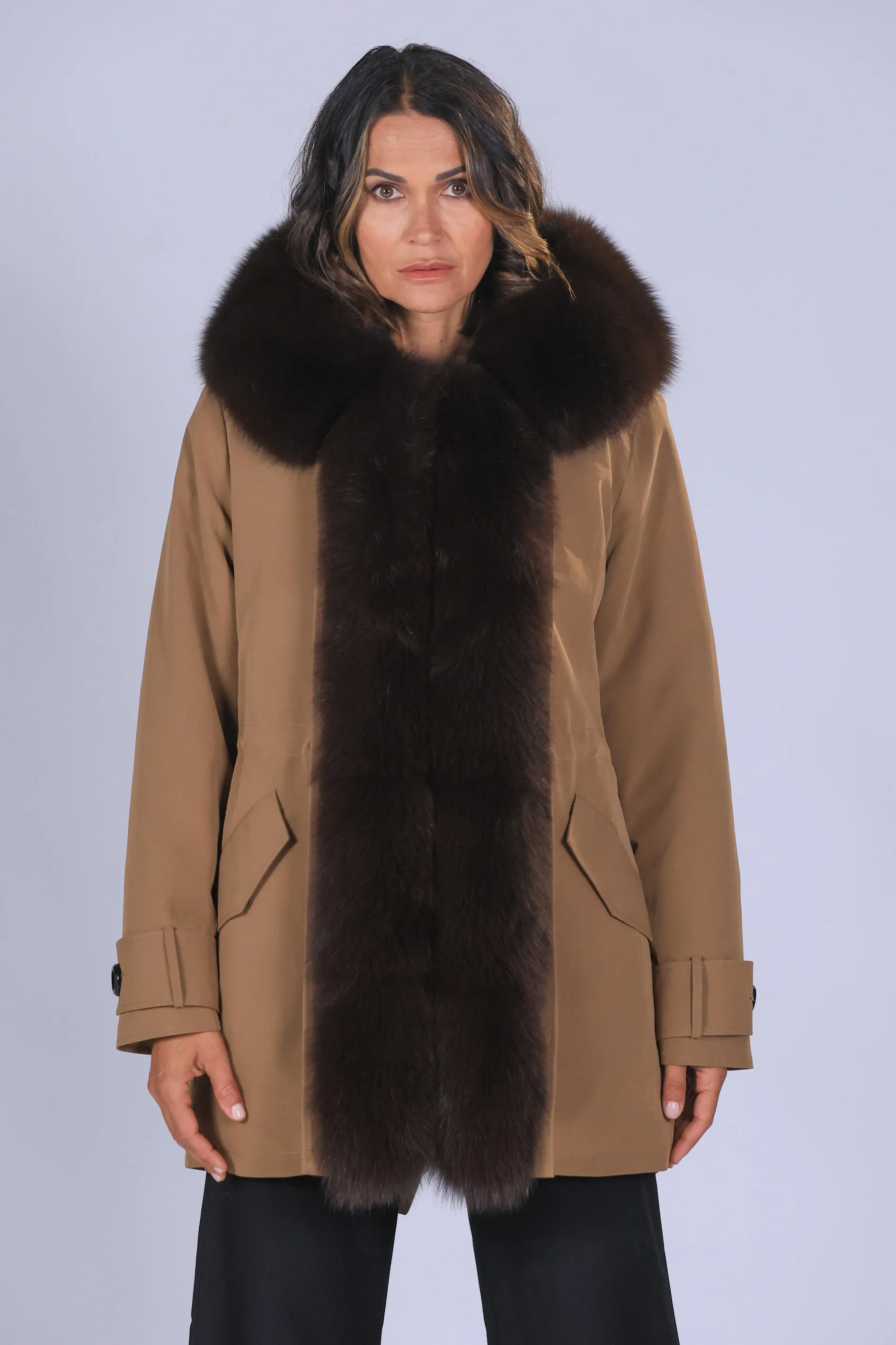 Parka in cotone tecnico impermeabile long Brown