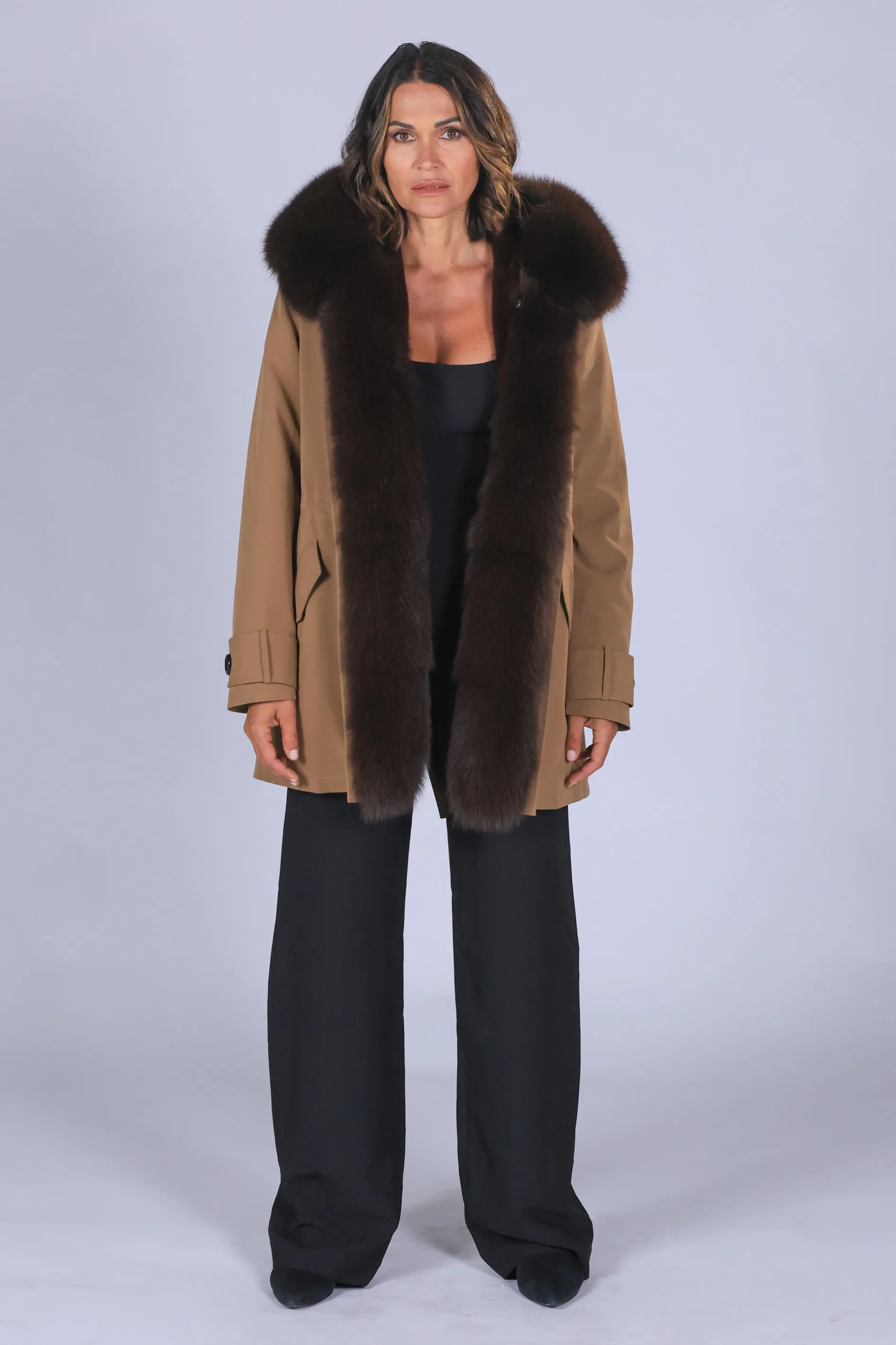 Parka in cotone tecnico impermeabile long Brown