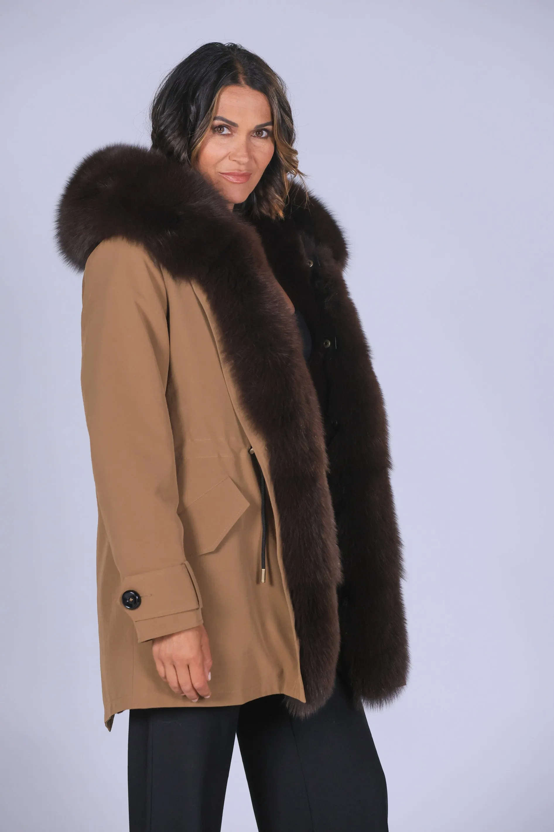 Parka in cotone tecnico impermeabile long Brown
