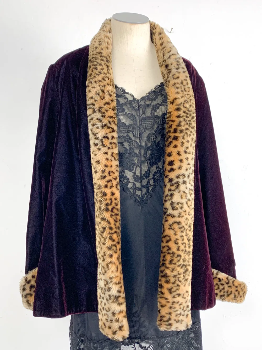 Patra Deep Burgundy Crushed Velvet Coat with Leopard Trim
