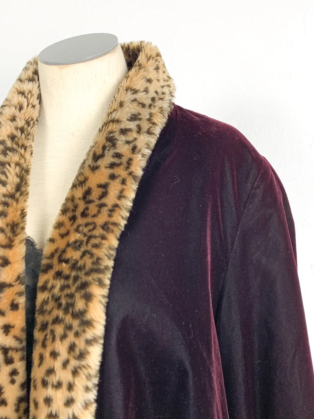 Patra Deep Burgundy Crushed Velvet Coat with Leopard Trim