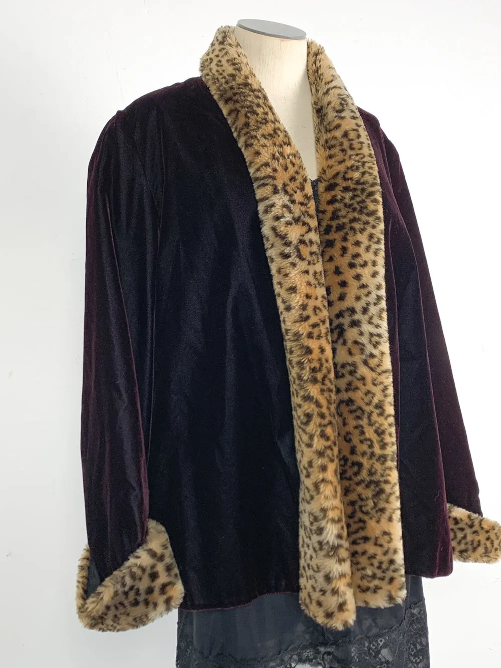 Patra Deep Burgundy Crushed Velvet Coat with Leopard Trim